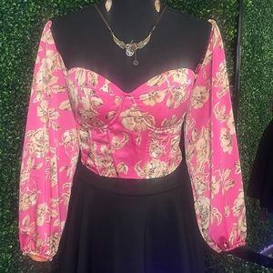 Off Shoulder Floral Print Lantern Sleeve Crop Top